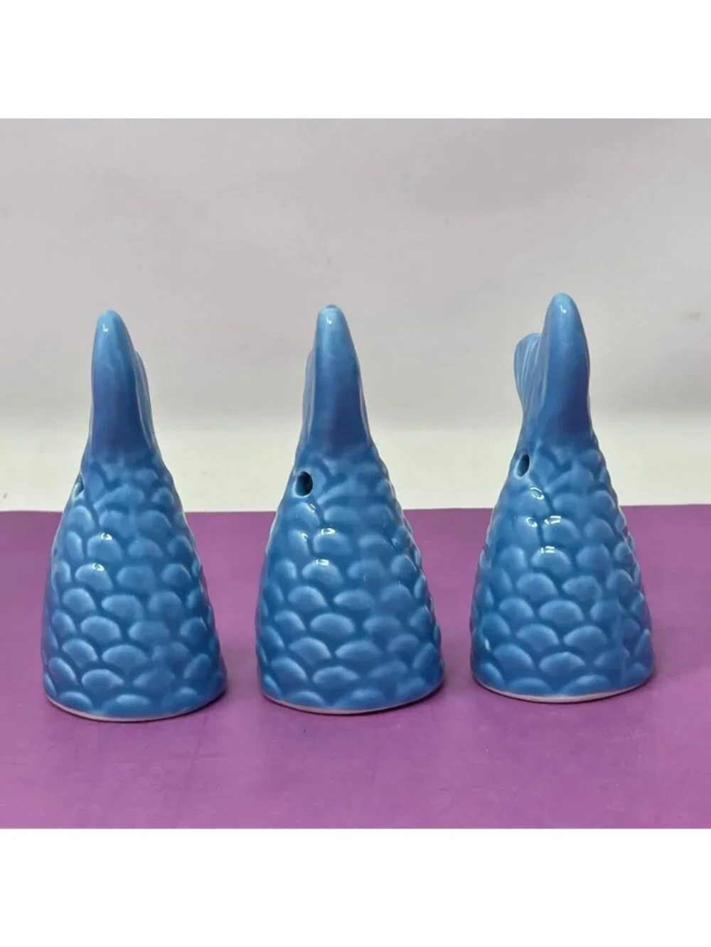 Set Of 3 Blue Ceramic Mermaid Tail Salt & Pepper Shakers Coastal Kitchen Decor